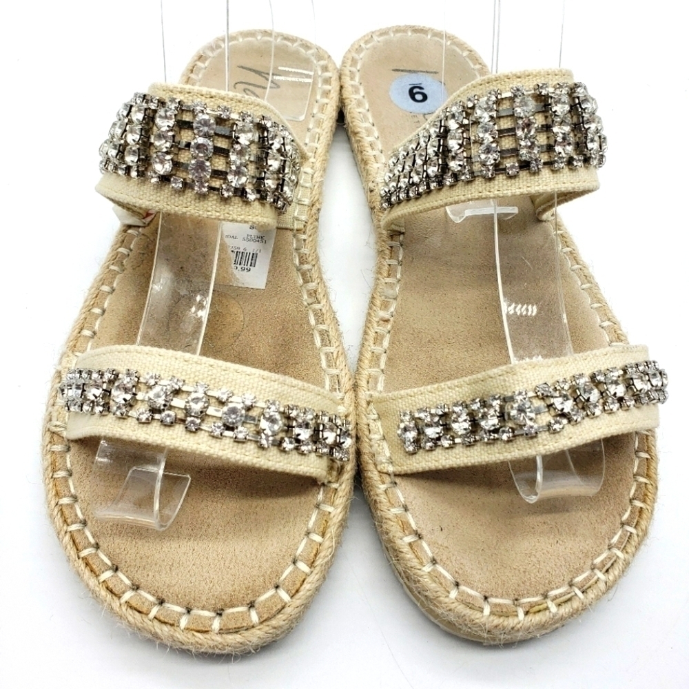 Nanette Lepore women US 9 off white sandals rhinestones fabric upper espadrille
